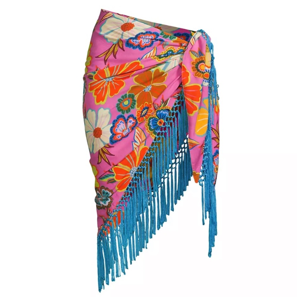 Farm Rio Reversible Full Garden Sarong with Fringe Trim One Size Pink/Blue